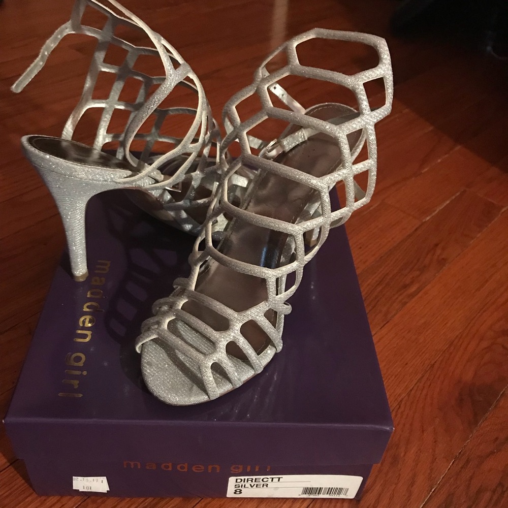 Silver "Madden Girl" caged heels size 8